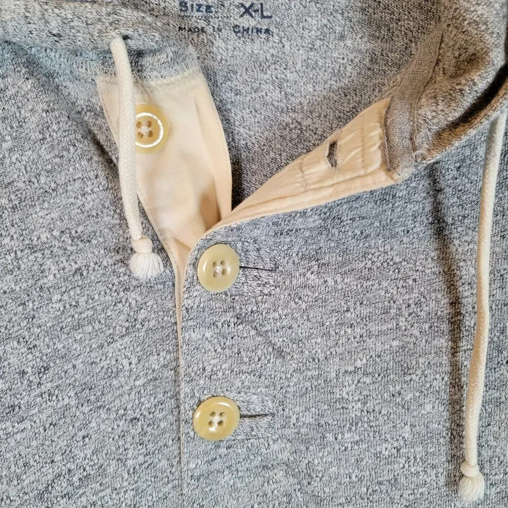 J. Crew Mens Cotton Pullover Pocket Button Hoodie Sweater Size XL Gray Preppy